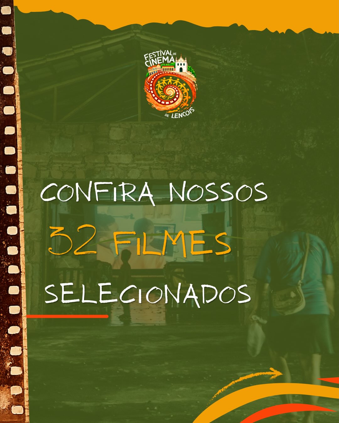 Cartaz verde e laranja anunciando 32 filmes selecionados