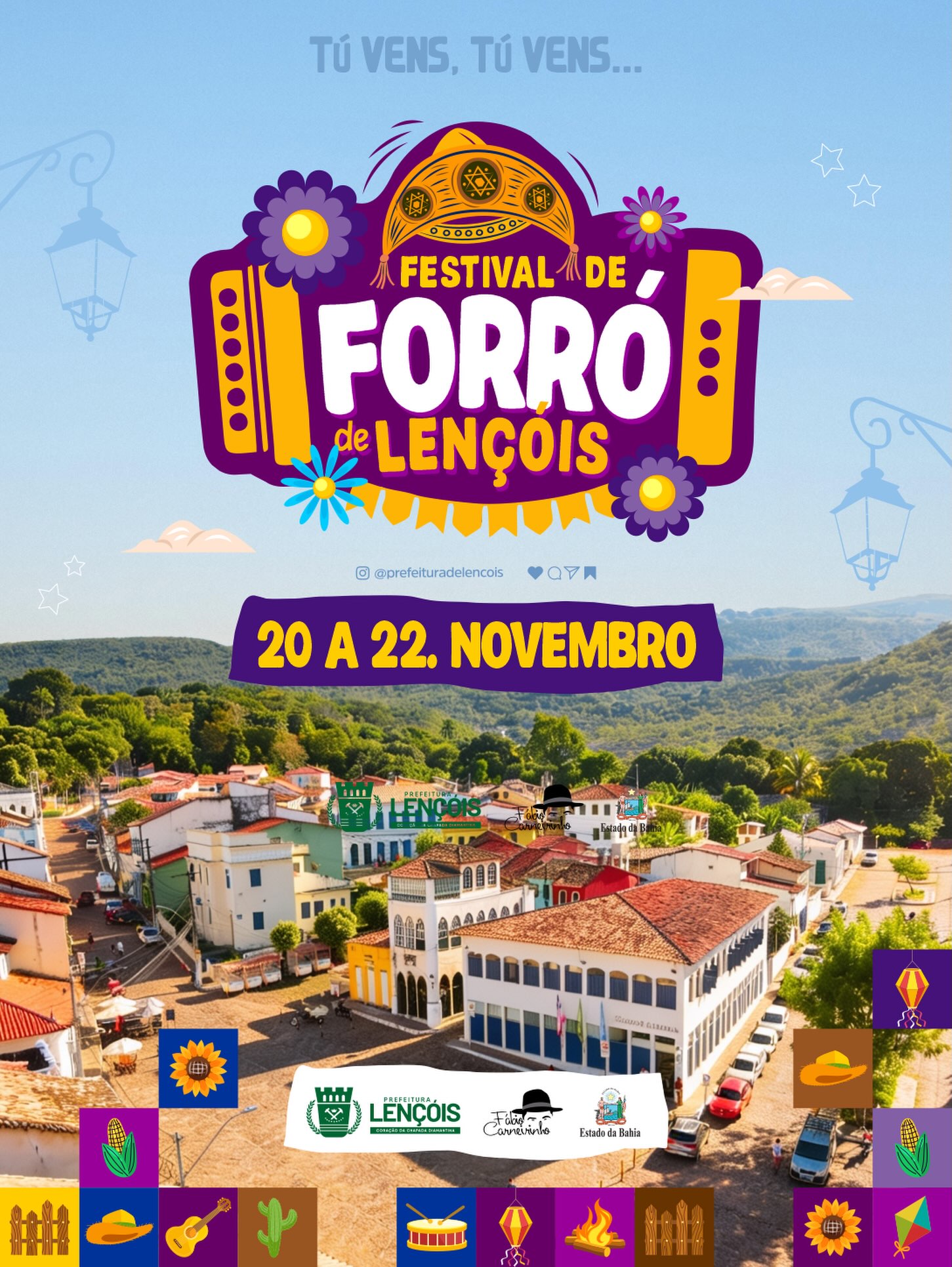 Cartaz azul, roxo e amarelo do Festival de Forró de Lençóis, de 20 a 22 de novembro